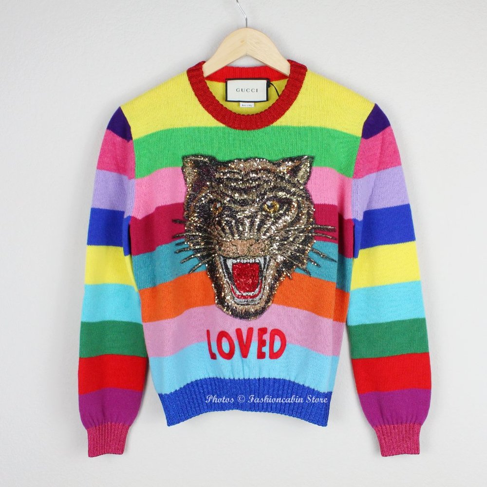NWT Gucci Stripe Sequin Embroidered Wool Sweater, Small, Tiger “Loved” Appliqué